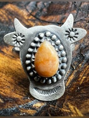 Sterling Silver Spiny Oyster Cow Ring Adjustable Size 8 Western Southwestern